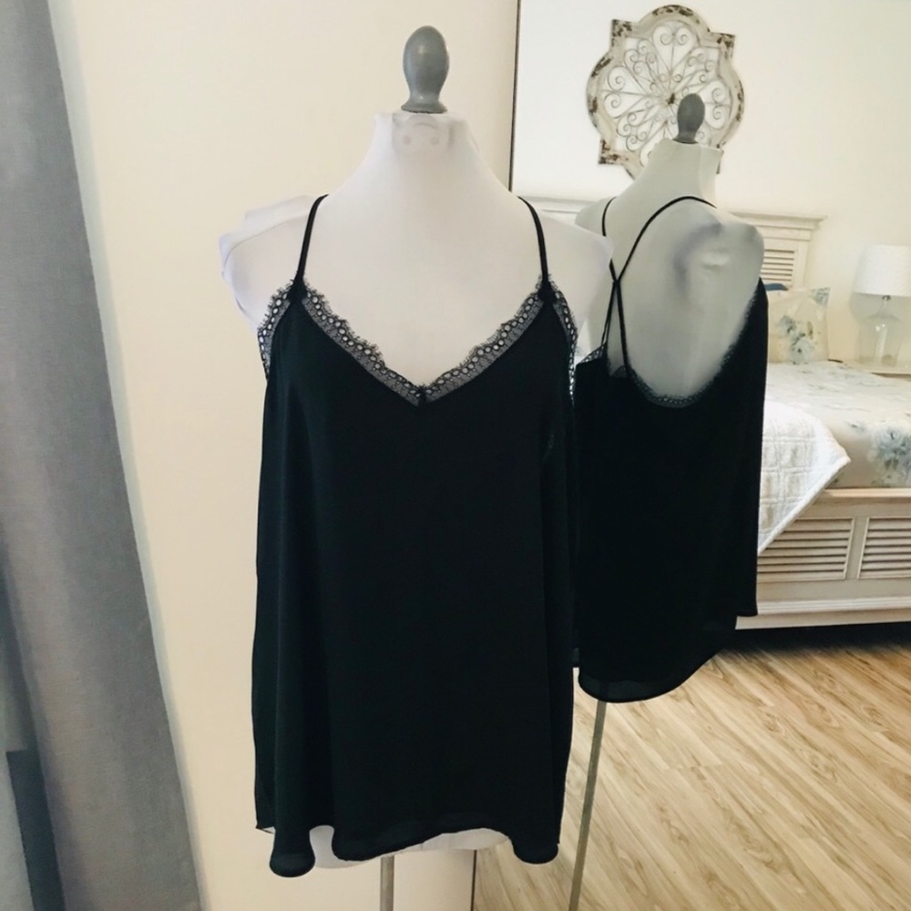 Ann Taylor Loft black lace trim strappy cami tank